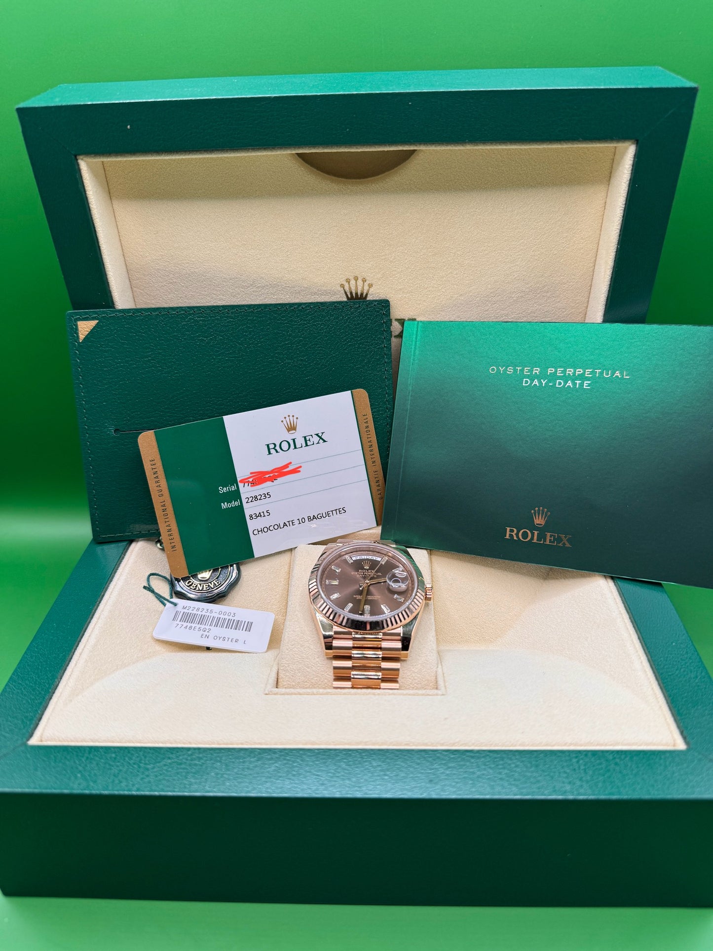 Rolex Day-Date 40mm Rose Gold Chocolate Dial Box and Card 228235