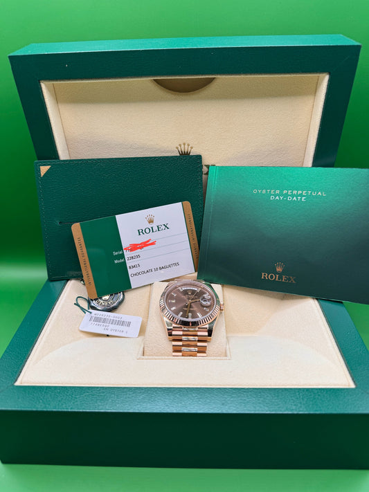 Rolex Day-Date 40mm Rose Gold Chocolate Dial Box and Card 228235