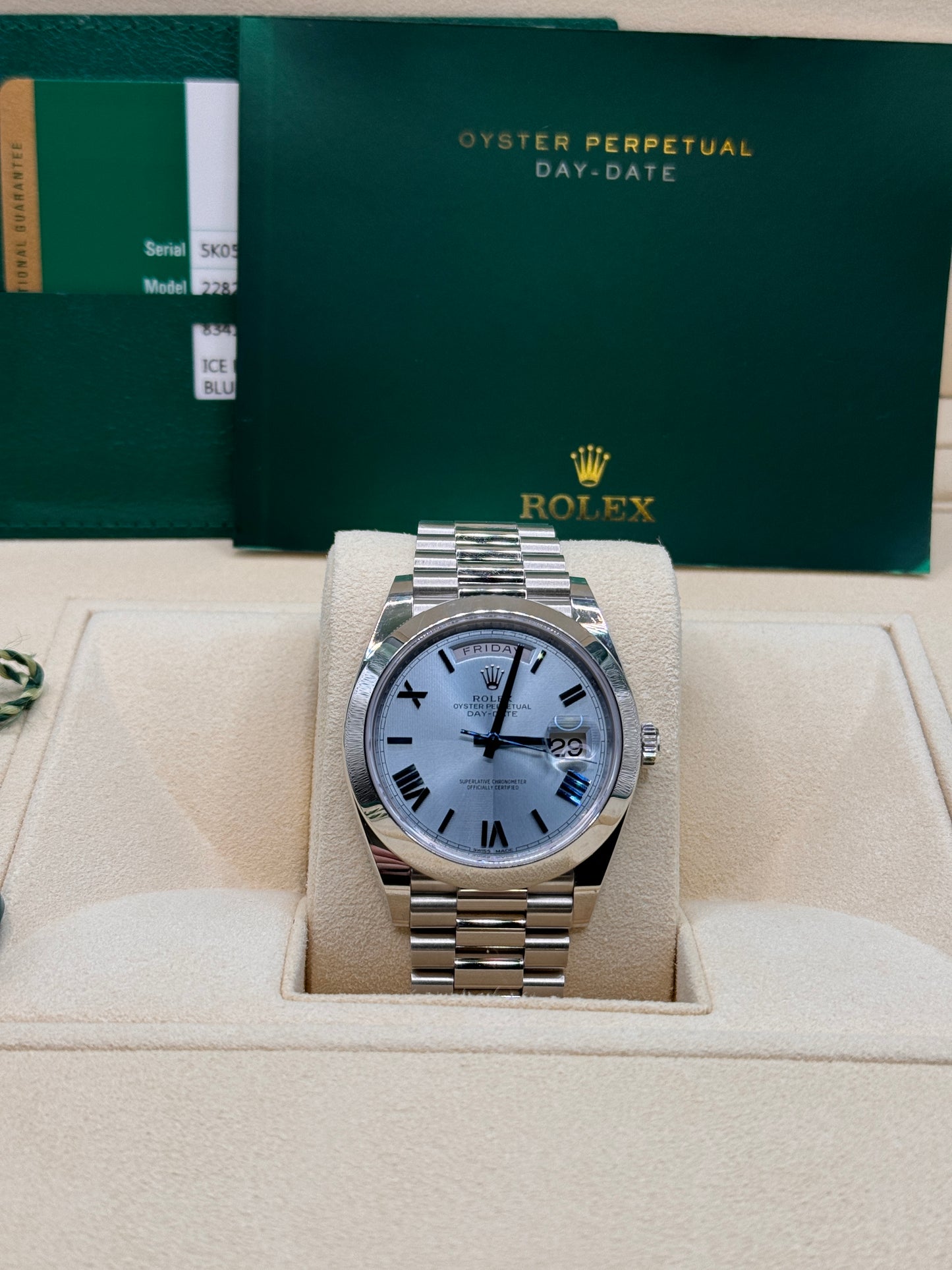 Rolex Day Date 40mm Platinum Blue Roman's Box and Card 228206