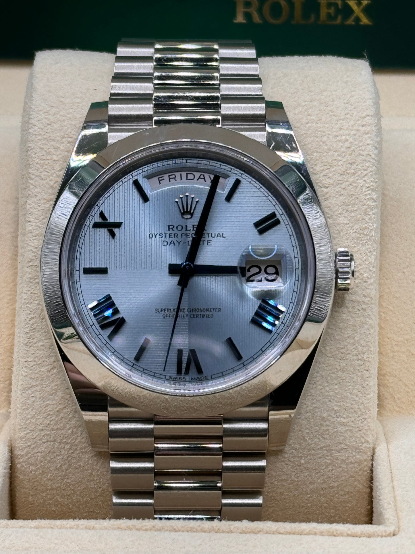 Rolex Day Date 40mm Platinum Blue Roman's Box and Card 228206