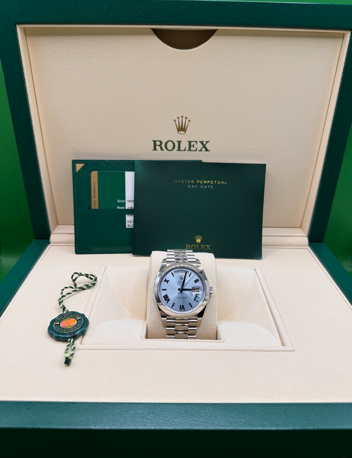 Rolex Day Date 40mm Platinum Blue Roman's Box and Card 228206